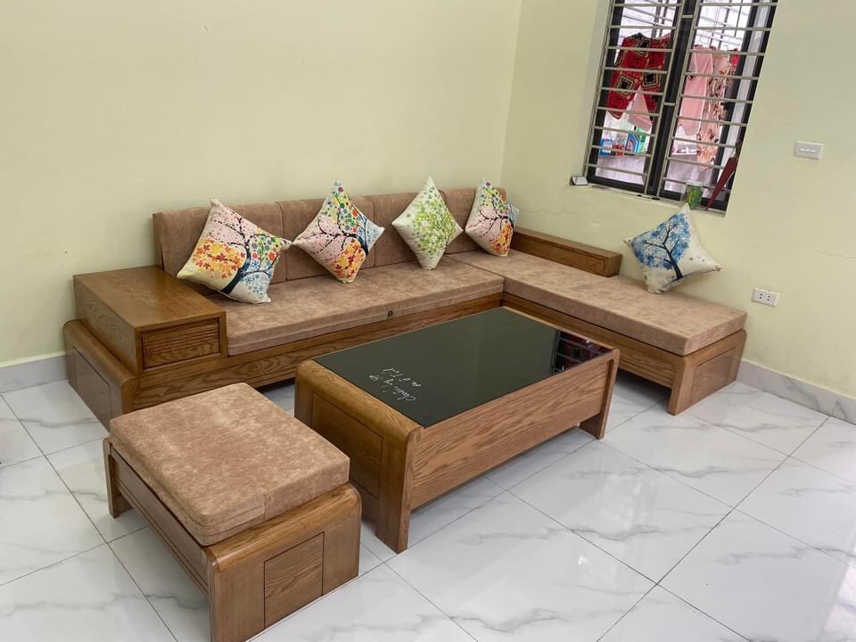 Bộ bàn ghế sofa góc chân cong gỗ sồi lau màu hương xám